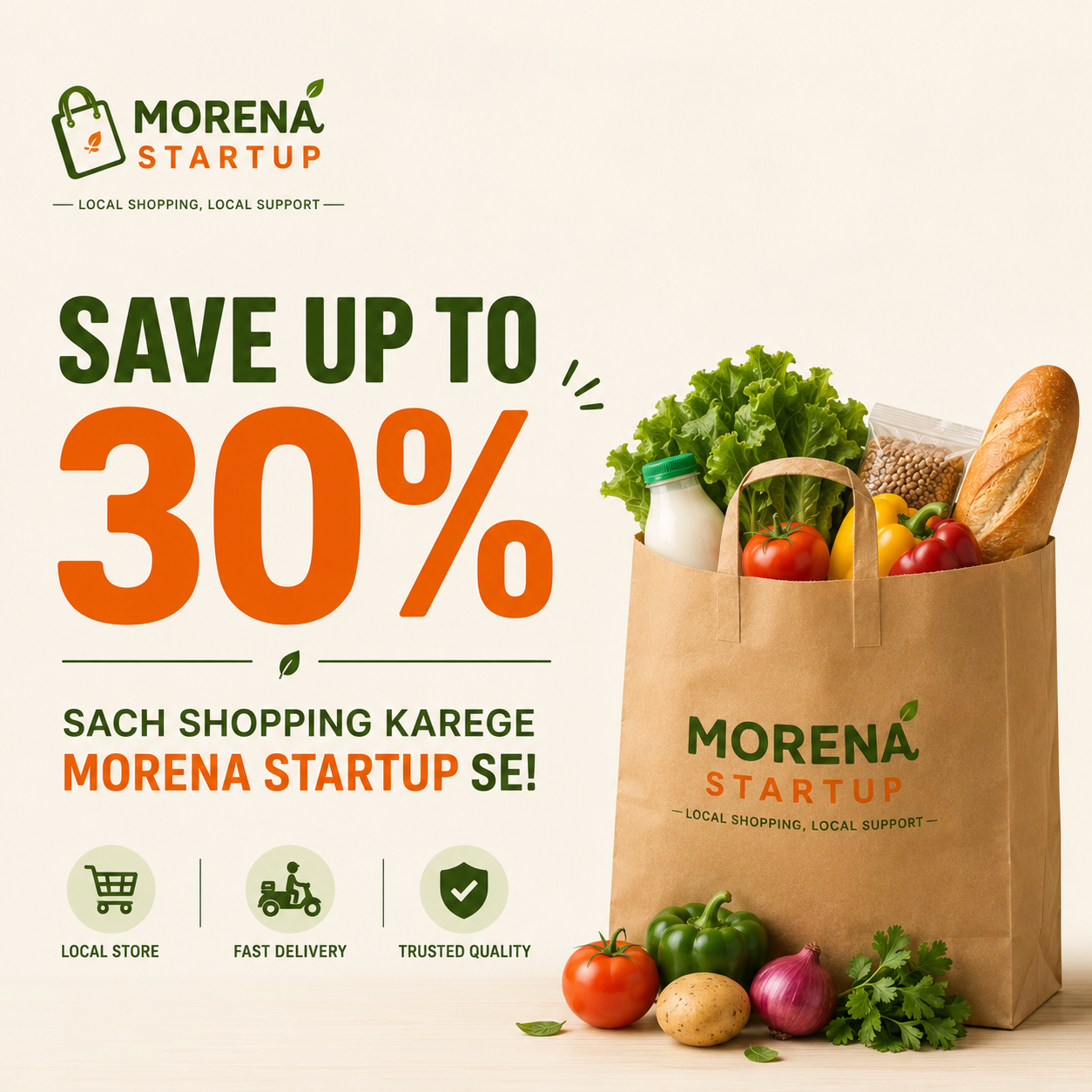 Morena Startup grocery shopping banner offering up to 30% discount with grocery bag, fresh vegetables and fast local delivery in Morena.